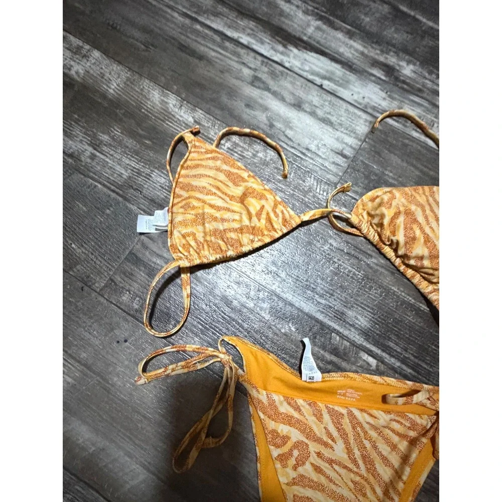 Aerie Zebra Print Bikini Set Orange Tan Triangle Top XL Cheeky Tie Bottoms M